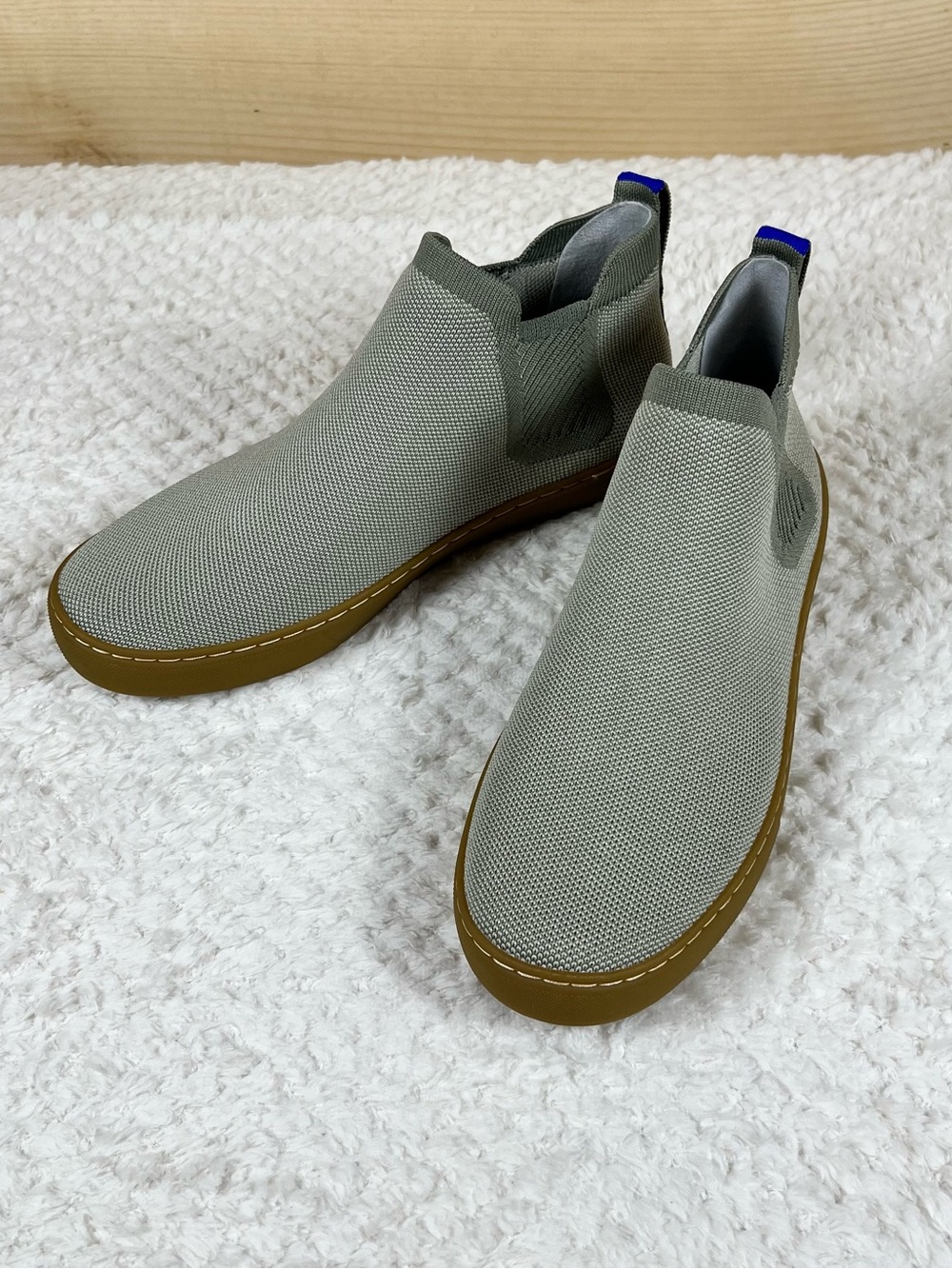 Rothy's The Chelsea Light Sage Knit Slip-On Sneaker Boot w/Brown Gum Sole Earthy - Picture 6 of 10